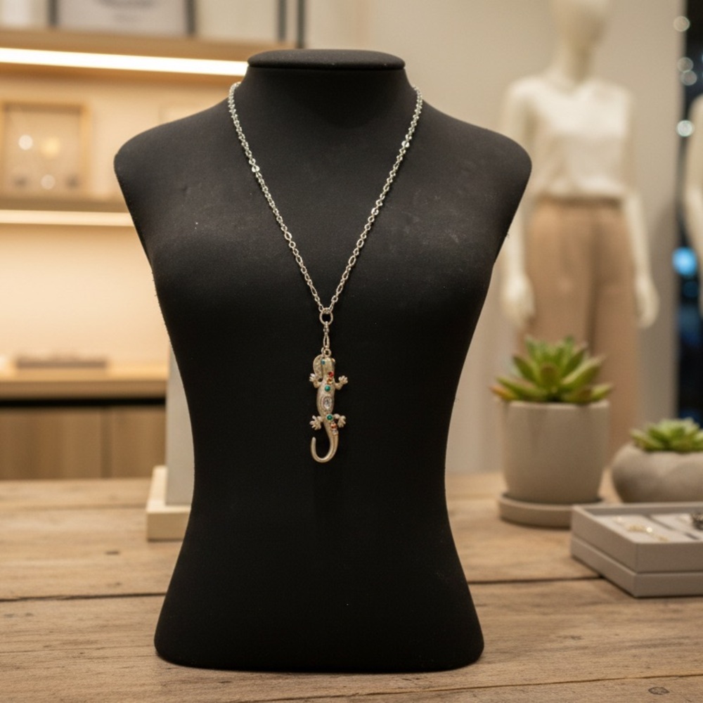 Gekko pewter pendant w/ colorful CZ stones, a dime pendant/ long chain ⛓️‍💥🦎🩶 - Picture 3 of 5